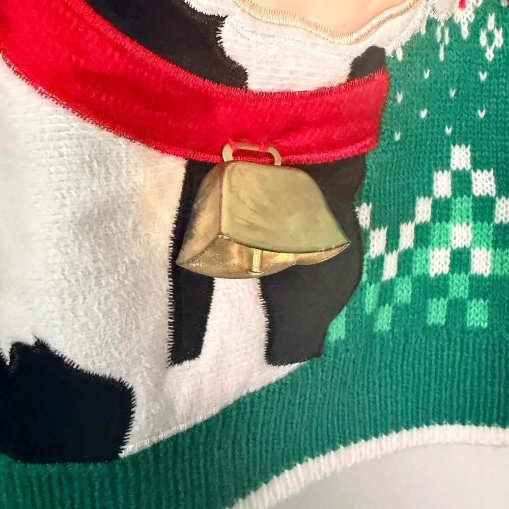 Holiday Time Christmas Moo Cow Ugly Sweater Green Red Medium M (38-40)